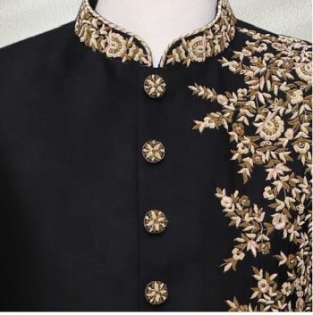 Black Wedding Sherwani With Gold Embroidery